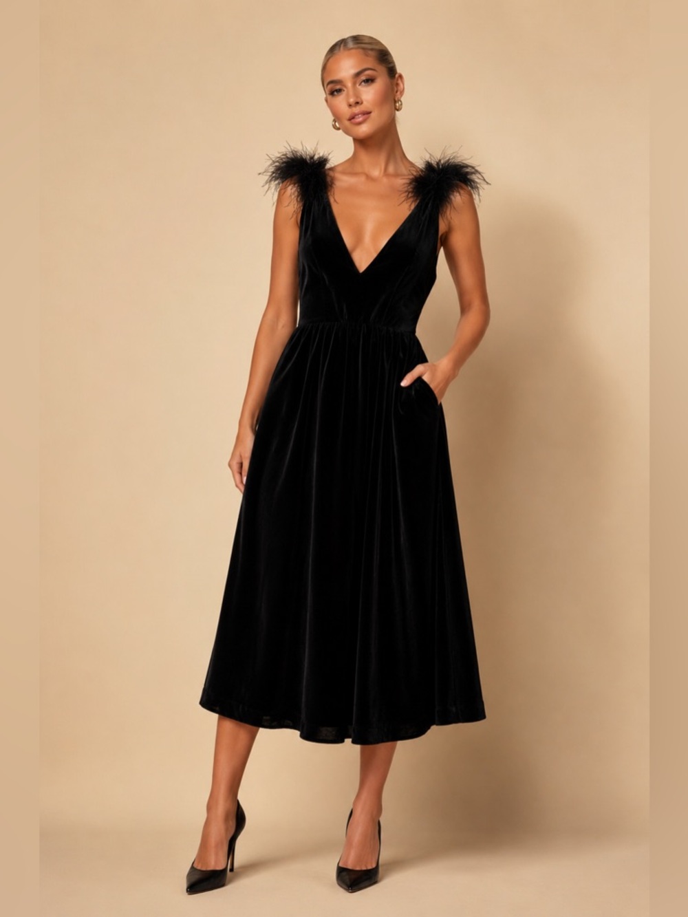 A Loves A Feather Puff Shoulder Velvet Black Midi Dress NEW Size Medium Romantic